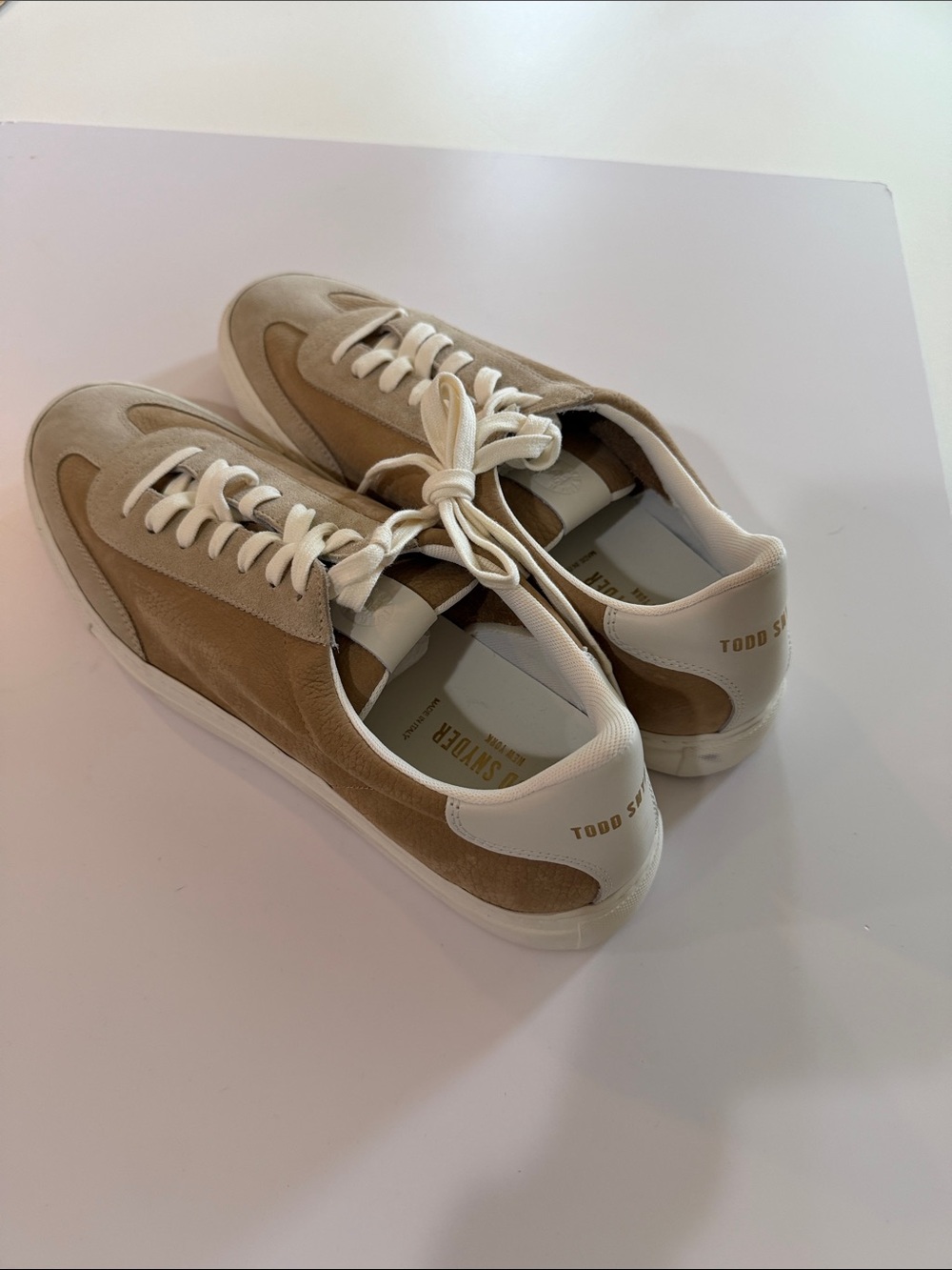 Todd Snyder Tuscan Tan & Cream Suede Low-Top Sneakers Sz 13.  NWOB. Bag3